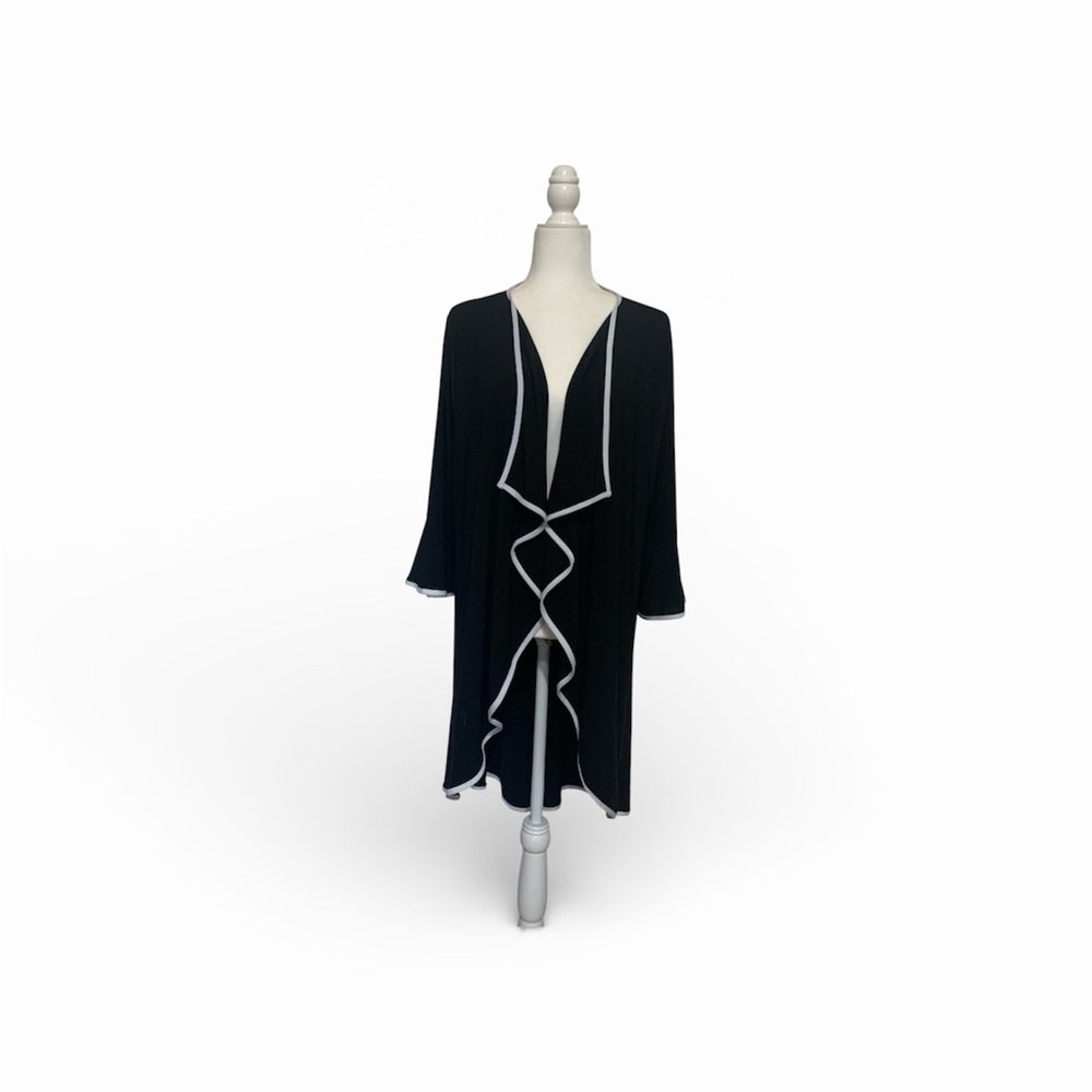 Liz McCoy A longline "duster" or waterfall-style cardigan white piping trim XL